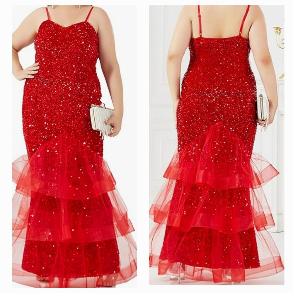 Women's Evening Sequins Mesh Splicing Red Sleeveless Party Dress